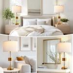 QiMH Gold Table Lamp for Living Room with USB A+C Ports, Bedside Lamps for Bedrooms with Touch Control USB Ports, Modern Nightstand Lamp White Lamp Shade Home Light Decor (2700K LED Bulb Included)