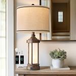 G-SAFAVA 25'' Table Lamp for Living Room Bedroom Farmhouse Metal Lamps with 2 USB Ports, Built-in Frosted Glass Night Light Vintage Industrial Nightstand Bedside End Lamp, 2 Bulbs Included, Bronze