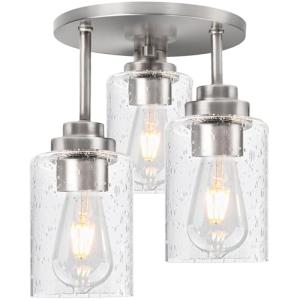 hykolity 3-Light Semi Flush Mount Ceiling Light, 9 Inch Brush Nickel Close to Ceiling Light Fixtures with Seeded Glass Shades, Modern Ceiling Lighting for Kitchen, Bedroom, Entryway, ETL Listed