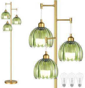 ZECOXOL Gold Floor Lamps for Living Room Bedroom-3 Light Green Glass Floor Lamp with Three Led Bulb, Rustic Tall Floor Lamp Gold Standing Lamp Tree Floor Lamps for Living Room Bedroom,Office,Corner