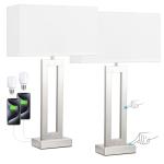 Seealle 22" Tall Bedroom Lamps for Living Room - Touch Brushed Nickel Bedside Lamps with USB C+A, 3 Way Dimmable Lamp for Nightstand, Modern Night Stands Lamps for End Tables(White&Silver)