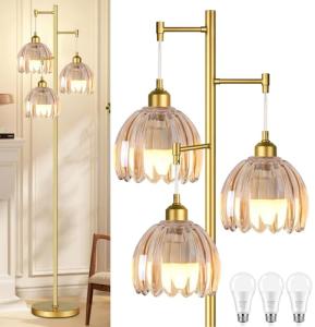 QIYIZM Gold Floor Lamp for Living Room,Bedroom,Tree 3 Light Standing Lamp Mid Century Modern Brass Tall Floor Lamps Vintage Retro Floor Lights Glass Flower Amber Lamp Shade Farmhouse Boho Bohemian