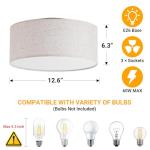 12.6" Modern Close to Ceiling Light with Linen Fabric Drum Shade,3-Light Semi Flush Mount Ceiling Light Fixture,Drum Light Fixtures Ceiling Mount for Kitchen, Bedroom, Bathroom, Living Room, Hallway