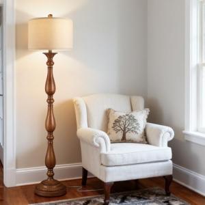 PARTPHONER Vintage Floor Lamp for Living Room, Rustic Farmhouse Standing Lamp with Rotary Switch and Linen Shade, Retro Resin Floor Lamp for Bedroom, Corner, Dining Room, House Decor, Wood Grain