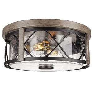 Rosient Rustic Close to Ceiling Light Fixtures, Farmhouse Wood Grain Flush Mount Ceiling Lighting, Metal Cage Lighting with Seeded Glass for Home Kitchen Dining Room Bedroom Hallway Entryway Foyer