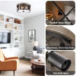 Rosient Rustic Close to Ceiling Light Fixtures, Farmhouse Wood Grain Flush Mount Ceiling Lighting, Metal Cage Lighting with Seeded Glass for Home Kitchen Dining Room Bedroom Hallway Entryway Foyer