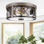 Rosient Rustic Close to Ceiling Light Fixtures, Farmhouse Wood Grain Flush Mount Ceiling Lighting, Metal Cage Lighting with Seeded Glass for Home Kitchen Dining Room Bedroom Hallway Entryway Foyer