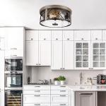 Rosient Rustic Close to Ceiling Light Fixtures, Farmhouse Wood Grain Flush Mount Ceiling Lighting, Metal Cage Lighting with Seeded Glass for Home Kitchen Dining Room Bedroom Hallway Entryway Foyer