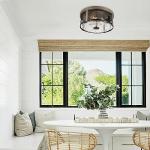 Rosient Rustic Close to Ceiling Light Fixtures, Farmhouse Wood Grain Flush Mount Ceiling Lighting, Metal Cage Lighting with Seeded Glass for Home Kitchen Dining Room Bedroom Hallway Entryway Foyer