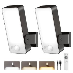 2 Pack Motion Sensor Outdoor Lights, 10000mAh Rechargeable 600 Lumen Battery Operated Outdoor Wall Lights with 3 Modes, 3 Colors, IP65 Waterproof Outdoor Security Lights for Fences, Garage, Patio