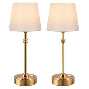 ONEWISH Cordless Table Lamps Set of 2 - Battery Powered Lamp, 4000mAh Rechargeable, Stepless Dimmable, Wireless Lamp with Fabric Shade, 2700K Warm Ambient Light for Dining, Patio, Bathroom(Gold)