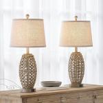 27” Natural Rattan Table Lamps Set of 2,Touch Switch,3-Way Dimmable Bedside Lamps, with A+C USB Charging Ports,Oatmeal Lampshade,Farmhouse Table Lamp for Bedroom, Living Room(2 Bulbs Included)