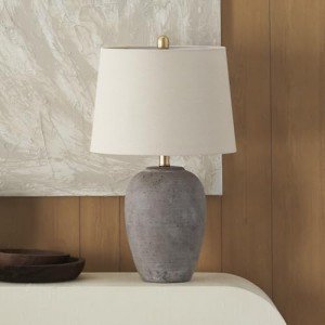 Nourison 23" Rustic Brown (Gray Undertones) Ceramic Pot Table Lamp for Bedroom, Living Room, Dining Office, Beige Shade