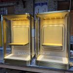 High-end Custom Metal Stainless Steel Wall Mounted Cabinet Curved Glass Jewelry Display Cabinet with Light Emitting Diode