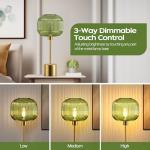 QiMH Glass Table Lamp for Living Room, Modern Bedside Lamp with Green Ribbed Glass Shade, 3-Way Dimmable Touch Control Nightstand Lamp for Bedroom, Brushed Gold (2700K LED Bulb Included)