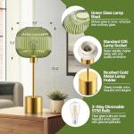 QiMH Glass Table Lamp for Living Room, Modern Bedside Lamp with Green Ribbed Glass Shade, 3-Way Dimmable Touch Control Nightstand Lamp for Bedroom, Brushed Gold (2700K LED Bulb Included)