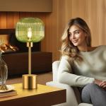 QiMH Glass Table Lamp for Living Room, Modern Bedside Lamp with Green Ribbed Glass Shade, 3-Way Dimmable Touch Control Nightstand Lamp for Bedroom, Brushed Gold (2700K LED Bulb Included)