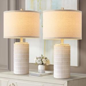 AIEAMPDO 23'' Set of 2 Modern Ceramic Table Lamps for Living Room Bedroom, Nightstand Farmhouse Beige White Desk Lamp for Bedside End Table Entryway, 2 LED Bulbs Included