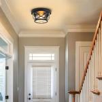 Flush Mount Ceiling Light Fixture Black, 2-Light Modern Farmhouse Porch Light Ceiling Mount for Outdoor, Indoor Flush Mount Lights Fixture for Hallway Foyer Kitchen Bathroom with Seeded Glass