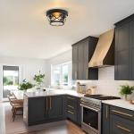 Flush Mount Ceiling Light Fixture Black, 2-Light Modern Farmhouse Porch Light Ceiling Mount for Outdoor, Indoor Flush Mount Lights Fixture for Hallway Foyer Kitchen Bathroom with Seeded Glass