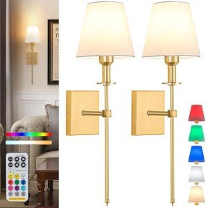 Wall Lights Battery Operated Wall Sconces Set Of 2,Gold Rechargeable Wall Light With Wireless Remote Dimmable,10 Colors Modes Cordless Battery Sconce Indoor Wall lamp for Bedroom Living Room Hallway