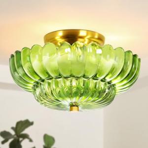 Semi Flush Mount Ceiling Light Green Light Fixtures with Gold Base Vintage Lighting Ceiling Mount Mid Centry Modern Light Fixture for Kitchen Bedroom Hallway Entryway (3-Light, Bulb Not Included)