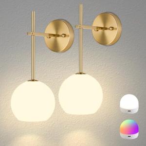 Gold Battery Operated Wall Sconces Set of 2, Rechargeable Wireless Wall Lights with Milky White Frosted Glass Shade, 12 RGB and 3CCT Dimmable, Wall Lamps with Remote for Bedroom Living Room Hallway