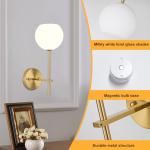 Gold Battery Operated Wall Sconces Set of 2, Rechargeable Wireless Wall Lights with Milky White Frosted Glass Shade, 12 RGB and 3CCT Dimmable, Wall Lamps with Remote for Bedroom Living Room Hallway