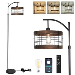 Arc Floor Lamp with Remote & Dimmable LED Bulb, Vintage Wood Floor Lamps for Living Room, Industrial Black Standing Lamp with 3 Color Temperature, Farmhouse Rustic Tall Lamp for Bedroom Office Corner