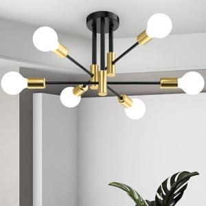 Phaosio Modern Sputnik Chandelier Ceiling Light Fixtures, 6-Lights Mid Century Industrial Metal Semi Flush Mount Lamp for Bedroom Dining Room Living Room Kitchen Hallway Office-Black and Gold