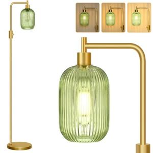 【Upgraded】 Dimmable Glass Floor Lamp for Living Room, Modern Gold Standing Lamp with Green Ribbed Glass Lampshade & Knob Dimmer, Arc Tall Lamp for Bedroom Office Reading Room, 2700K Led Bulb Included