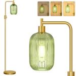 【Upgraded】 Dimmable Glass Floor Lamp for Living Room, Modern Gold Standing Lamp with Green Ribbed Glass Lampshade & Knob Dimmer, Arc Tall Lamp for Bedroom Office Reading Room, 2700K Led Bulb Included