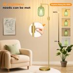 【Upgraded】 Dimmable Glass Floor Lamp for Living Room, Modern Gold Standing Lamp with Green Ribbed Glass Lampshade & Knob Dimmer, Arc Tall Lamp for Bedroom Office Reading Room, 2700K Led Bulb Included