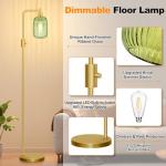 【Upgraded】 Dimmable Glass Floor Lamp for Living Room, Modern Gold Standing Lamp with Green Ribbed Glass Lampshade & Knob Dimmer, Arc Tall Lamp for Bedroom Office Reading Room, 2700K Led Bulb Included