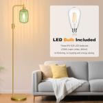 【Upgraded】 Dimmable Glass Floor Lamp for Living Room, Modern Gold Standing Lamp with Green Ribbed Glass Lampshade & Knob Dimmer, Arc Tall Lamp for Bedroom Office Reading Room, 2700K Led Bulb Included