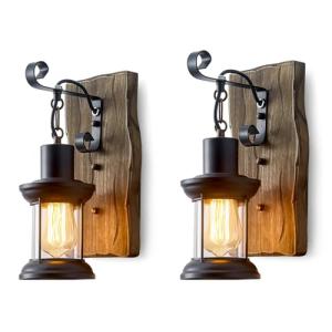Rustic Industrial Wall Sconces, Black Metal Lantern with Wood Backplate, Farmhouse Indoor Light Fixture for Dining Room, Hallway, Porch