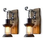 Rustic Industrial Wall Sconces, Black Metal Lantern with Wood Backplate, Farmhouse Indoor Light Fixture for Dining Room, Hallway, Porch