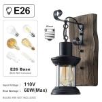 Rustic Industrial Wall Sconces, Black Metal Lantern with Wood Backplate, Farmhouse Indoor Light Fixture for Dining Room, Hallway, Porch