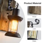 Rustic Industrial Wall Sconces, Black Metal Lantern with Wood Backplate, Farmhouse Indoor Light Fixture for Dining Room, Hallway, Porch