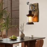 Rustic Industrial Wall Sconces, Black Metal Lantern with Wood Backplate, Farmhouse Indoor Light Fixture for Dining Room, Hallway, Porch
