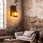 Rustic Industrial Wall Sconces, Black Metal Lantern with Wood Backplate, Farmhouse Indoor Light Fixture for Dining Room, Hallway, Porch