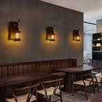 Rustic Industrial Wall Sconces, Black Metal Lantern with Wood Backplate, Farmhouse Indoor Light Fixture for Dining Room, Hallway, Porch