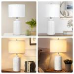 JUNNAI 24.5" White Ceramic Table Lamp 3-Way Dimmable Nightstand with White Linen Shade Bedside Lamp for Bedrooms & Living Room Office Reading(Bulb Included)