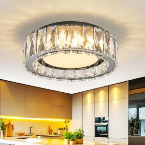 Crystal Dimmable Flush Mount Ceiling Light, Black Modern LED Close to Ceiling Light Fixture with 5CCT 2700K-6000K, Round Kitchen Lighting for Bedroom, Laundry Room, Hallway, Bathroom (11in 24W)