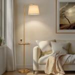 AIDENOEY Fully Dimmable Floor Lamp for Living Room，Standing Lamp Rotary Switch with Table&Linen Beige Shade，Golden Tall Lamps for Bedroom with Adjust Head，9W LED Bulb Included