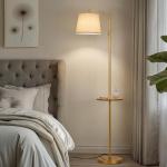 AIDENOEY Fully Dimmable Floor Lamp for Living Room，Standing Lamp Rotary Switch with Table&Linen Beige Shade，Golden Tall Lamps for Bedroom with Adjust Head，9W LED Bulb Included
