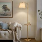 AIDENOEY Fully Dimmable Floor Lamp for Living Room，Standing Lamp Rotary Switch with Table&Linen Beige Shade，Golden Tall Lamps for Bedroom with Adjust Head，9W LED Bulb Included