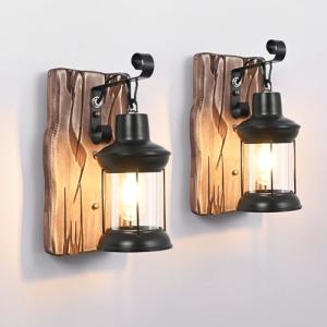 TIGKHAE Rustic Wall Light Fixtures Vintage Wall Sconces Sets of 2 Farmhouse Antique Wooden Lamp with Clear Glass Indoor Lighting Black Bedside Sconces Lighting for Bar Cafe Barn Stairs