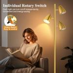 QiMH Tree Floor Lamp with 3 Light Bulbs, Standing Tall Pole Lamps for Living Room Bedroom Office, Reading Stand up Lamps with 3 Adjustable Arms, Brushed Gold