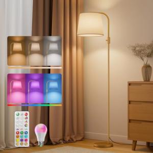VARICART Dimmable Arc Floor Lamp, 1200 Lumens RGBCW Color Change Bulb Included, Standing Lamp with Linen Shade, 65" Tall Lamp with Remote for Living Room, Bedroom, Office, Dining Room, Kitchen, Gold